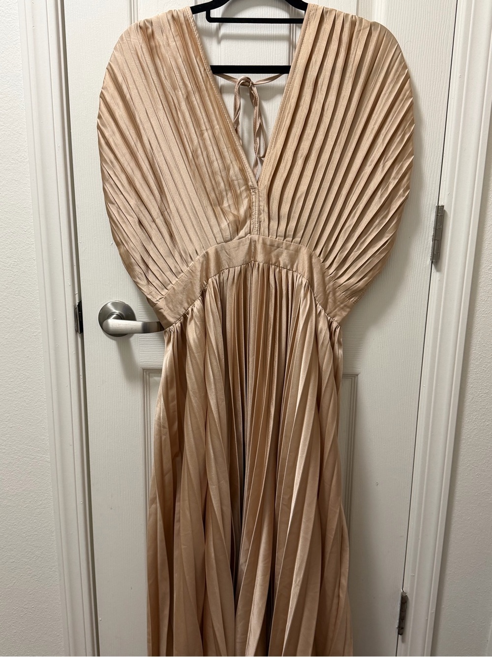 Pleated V-Neck Maxi Dress in Nude